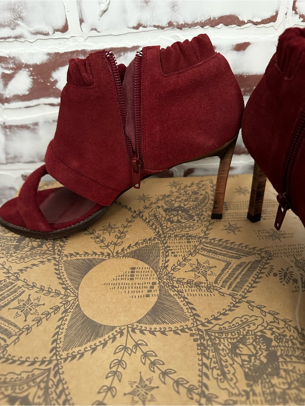 Free People Burgundy Suede Open-Toe High Heel Ankle Boots